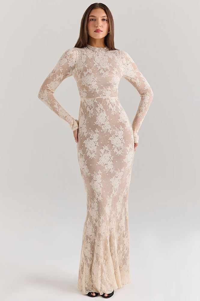Lace Round Neck Long Sleeve Hollow Slim Lace Dress
