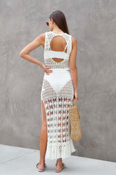 Knit Hollow Out Fringe Beach Maxi Cover Up