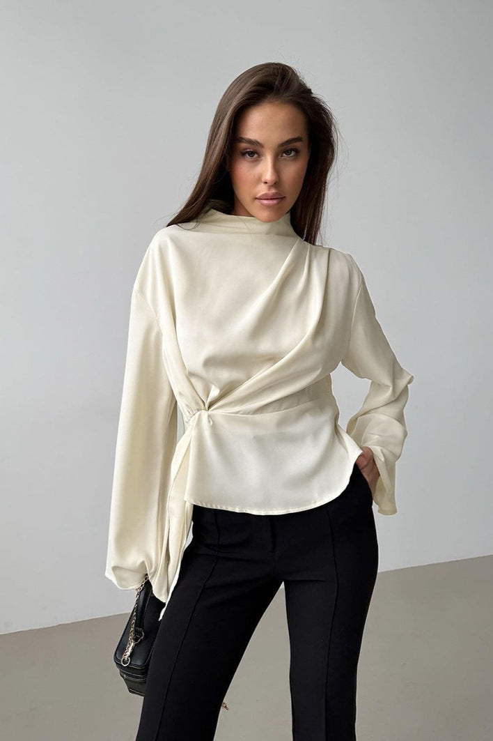 Mock Neck Draped Twist Waist Wide Flare Sleeve Satin Blouse 2