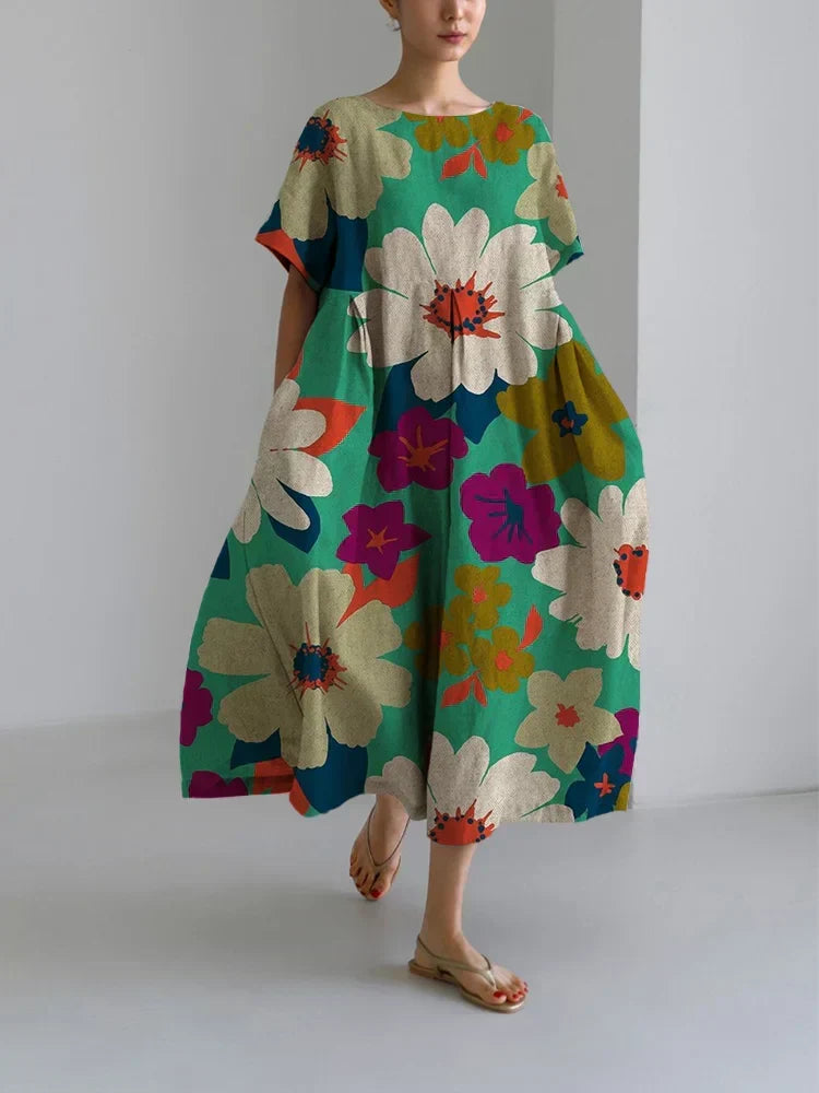 Floral Print Round Neck Short Sleeve Pocket Oversized Midi Dress