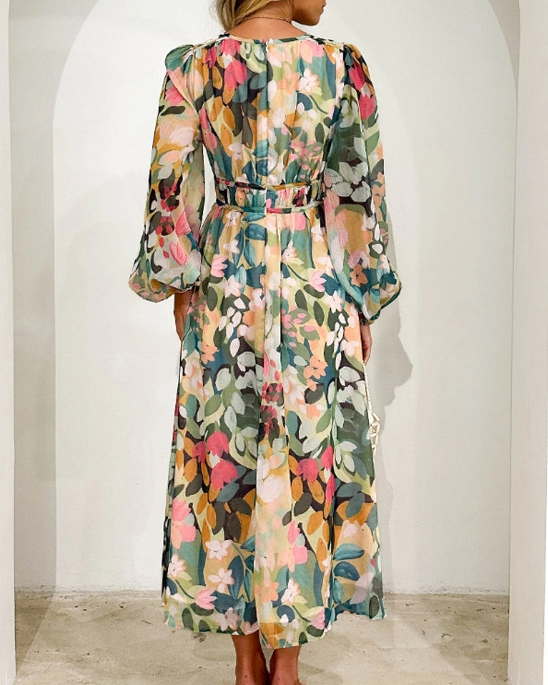 Floral Chiffon Deep V-Neck Long Sleeve Cut Out Maxi Dress 19