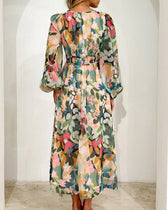 Floral Chiffon Deep V-Neck Long Sleeve Cut Out Maxi Dress 19
