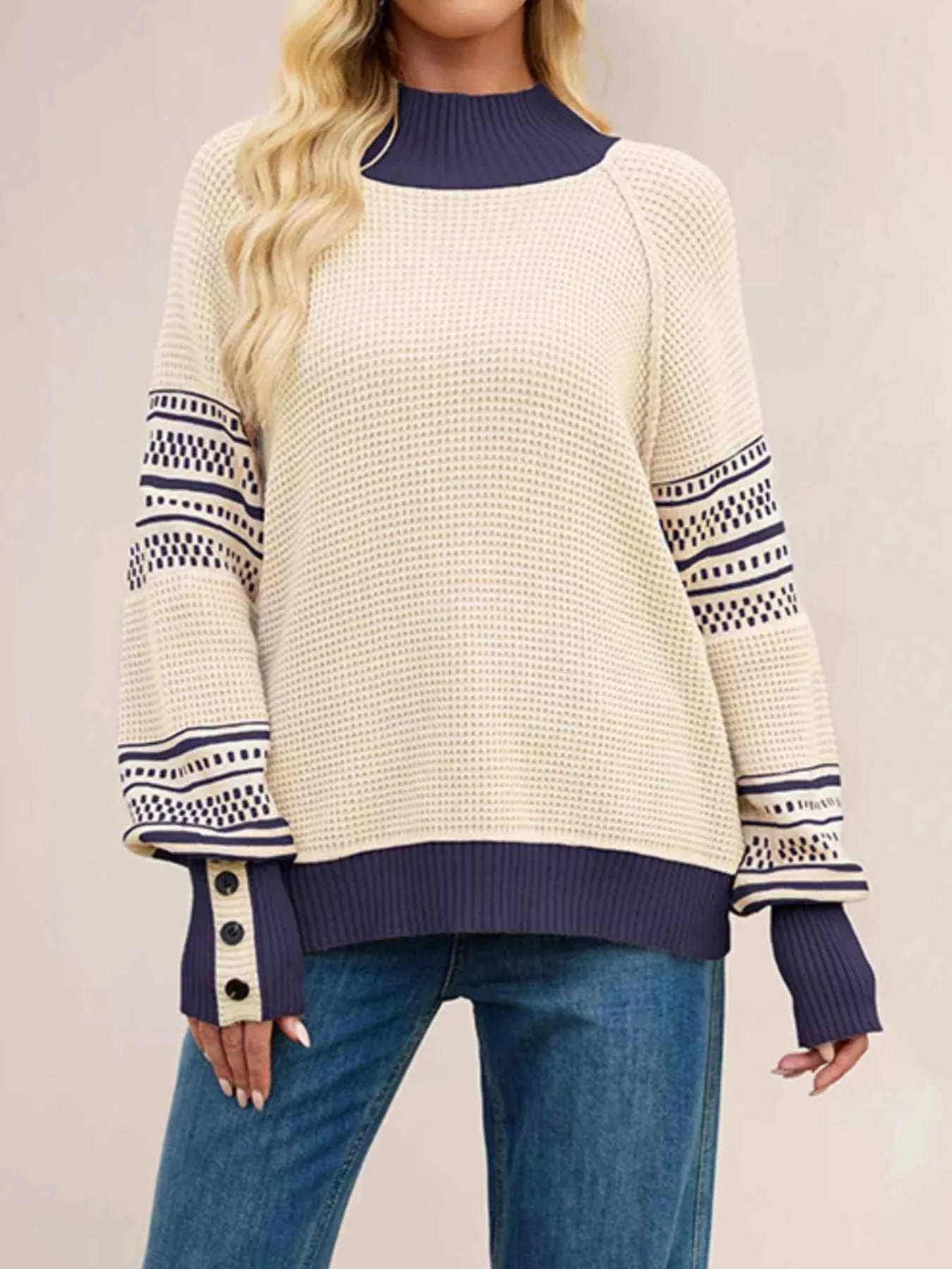 Color-Block Mock Neck Waffle Knit Sweater