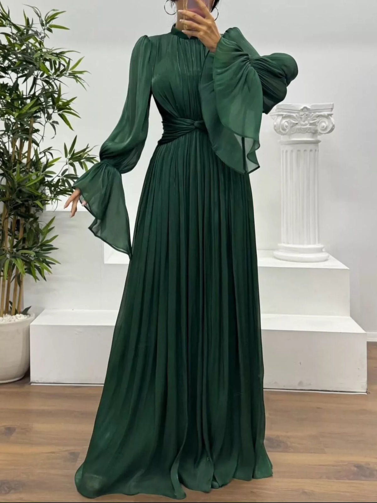 Pleated Satin Mock Neck Flared Bell Sleeve Twist Waist Maxi Gown 13