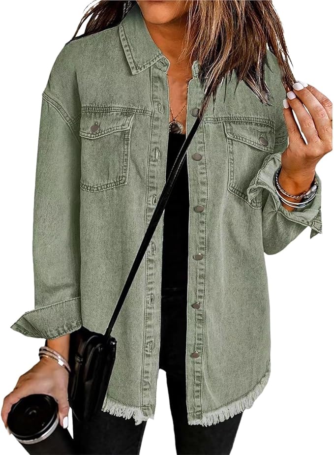 Frayed Hem Button Front Denim Shirt Jacket