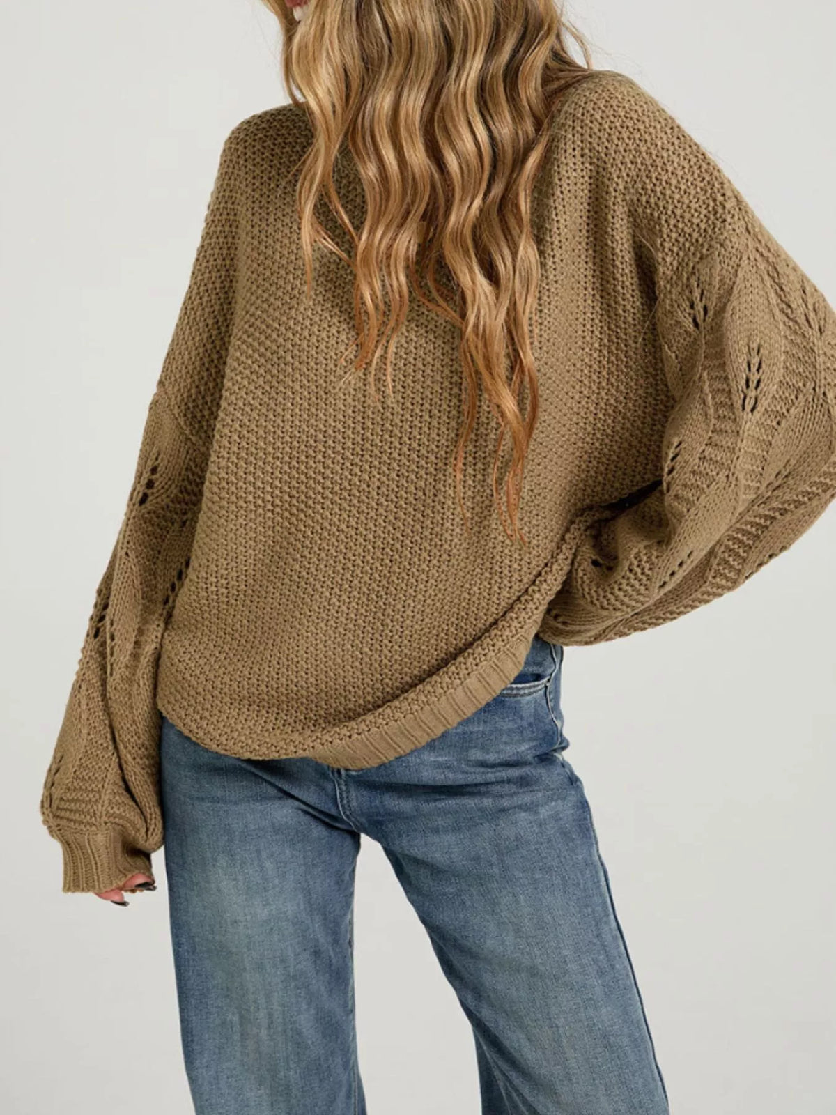Oversized Textured Knit Openwork Lantern Sleeve Drop Shoulder Sweater