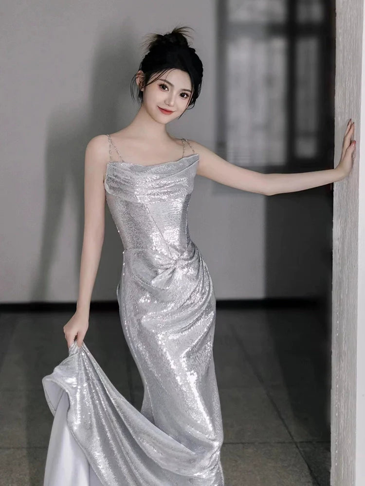 Silver Sequin Mermaid Long Prom Dress Sexy Evening Dresses   fg7666