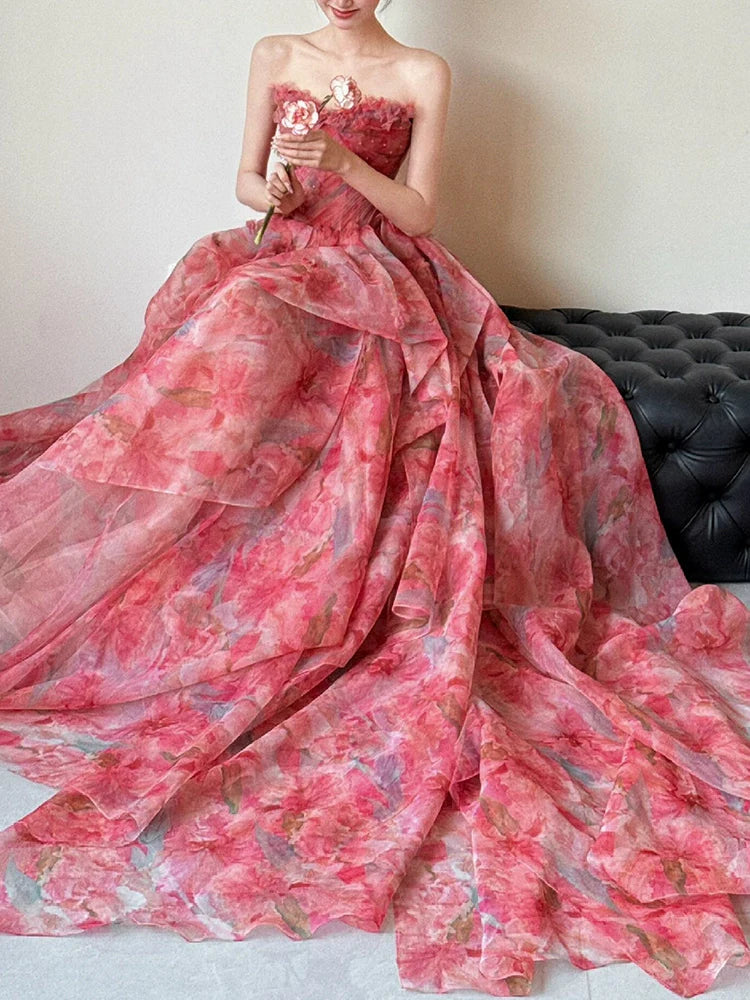 A Line Strapless Floral Print Long Prom Dress Sexy Evening Dresses   fg7660