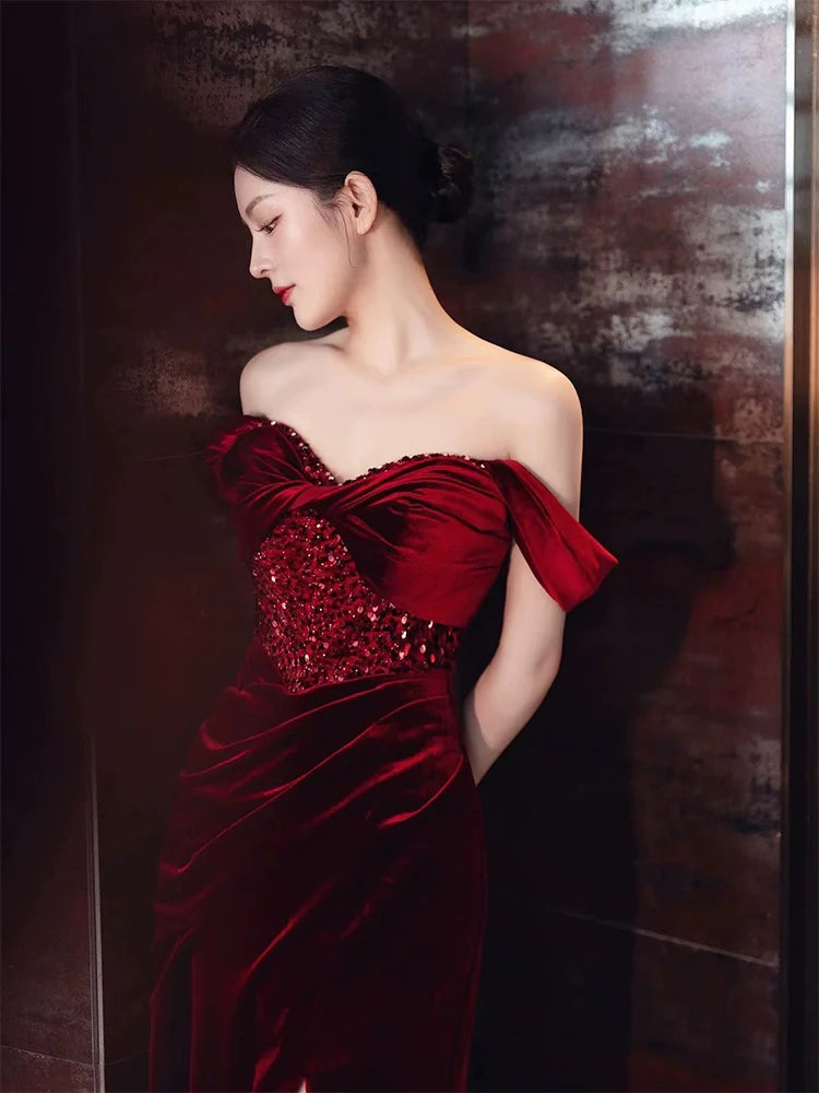 Burgundy Velvet Mermaid Long Prom Dress Off Shoulder Evening Dresses With Slit    fg7669