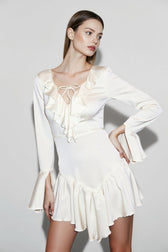 Lace-Up Ruffle V Neck A-Line Mini Dress