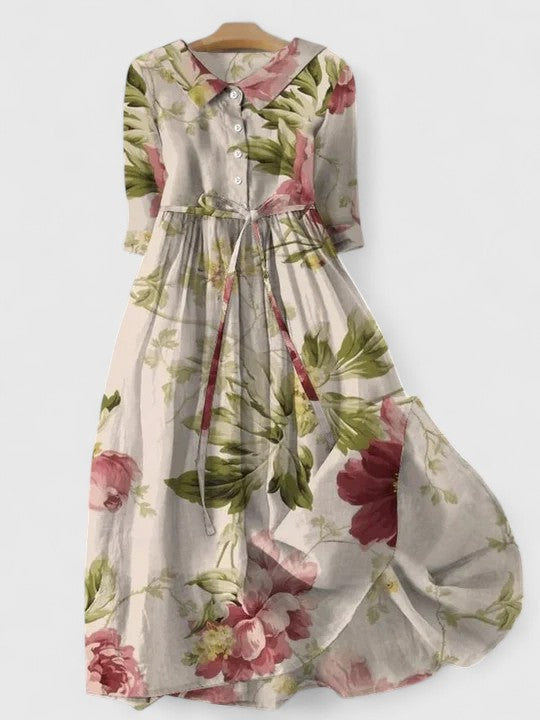 Floral Print Collared Button Front Belted Maxi Shirt Dress
