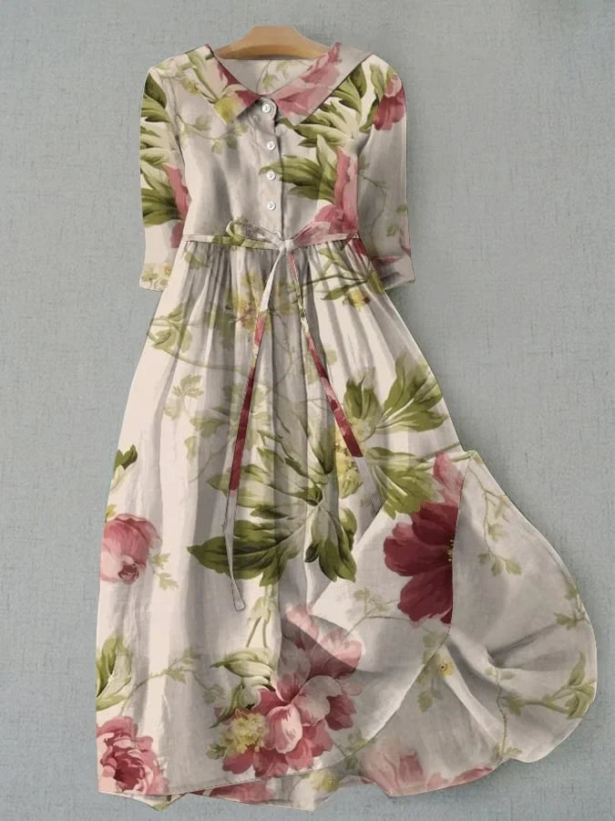 Floral Print Collared Button Front Tie Waist High Low Midi Dress