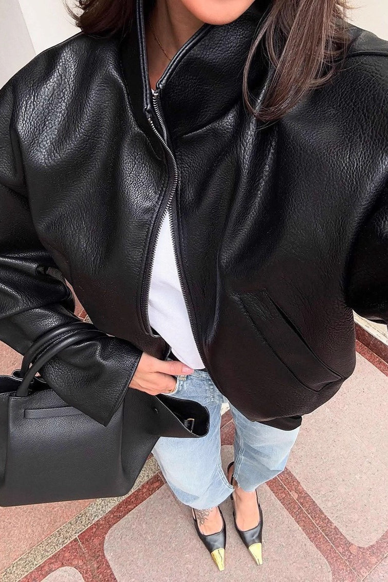 Black Leather Lapel Zip Jacket