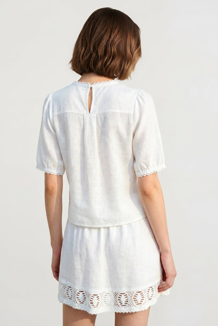 Lace Trim Short Sleeve Blouse and Smocked Waist Mini Skirt Two Piece Set 4
