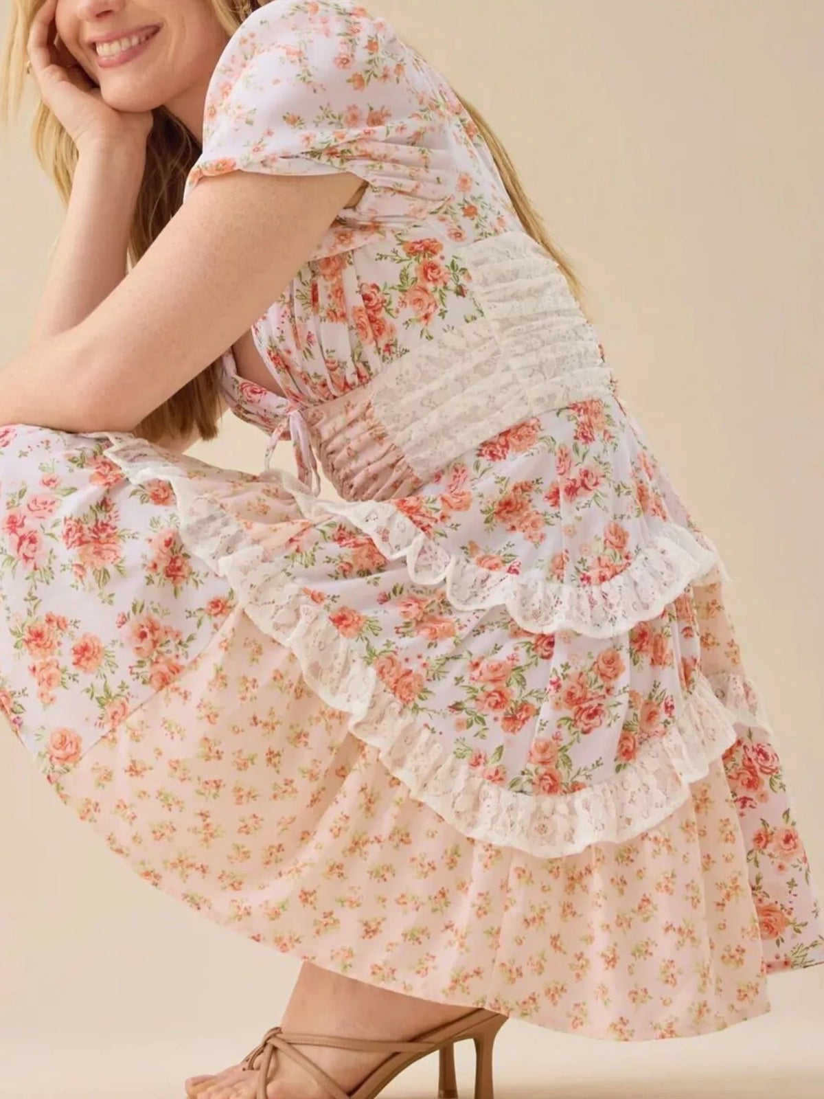 Floral Print Lace Trim Sweetheart Puff Sleeve Tiered Mini Dress 5