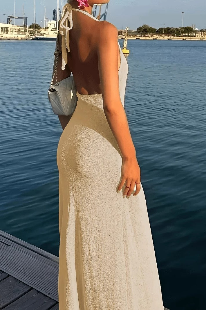 Deep V Neck Backless High Split Knit Maxi Boho Dress