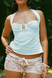 Backless Halter Tie Front Fitted Crop Top