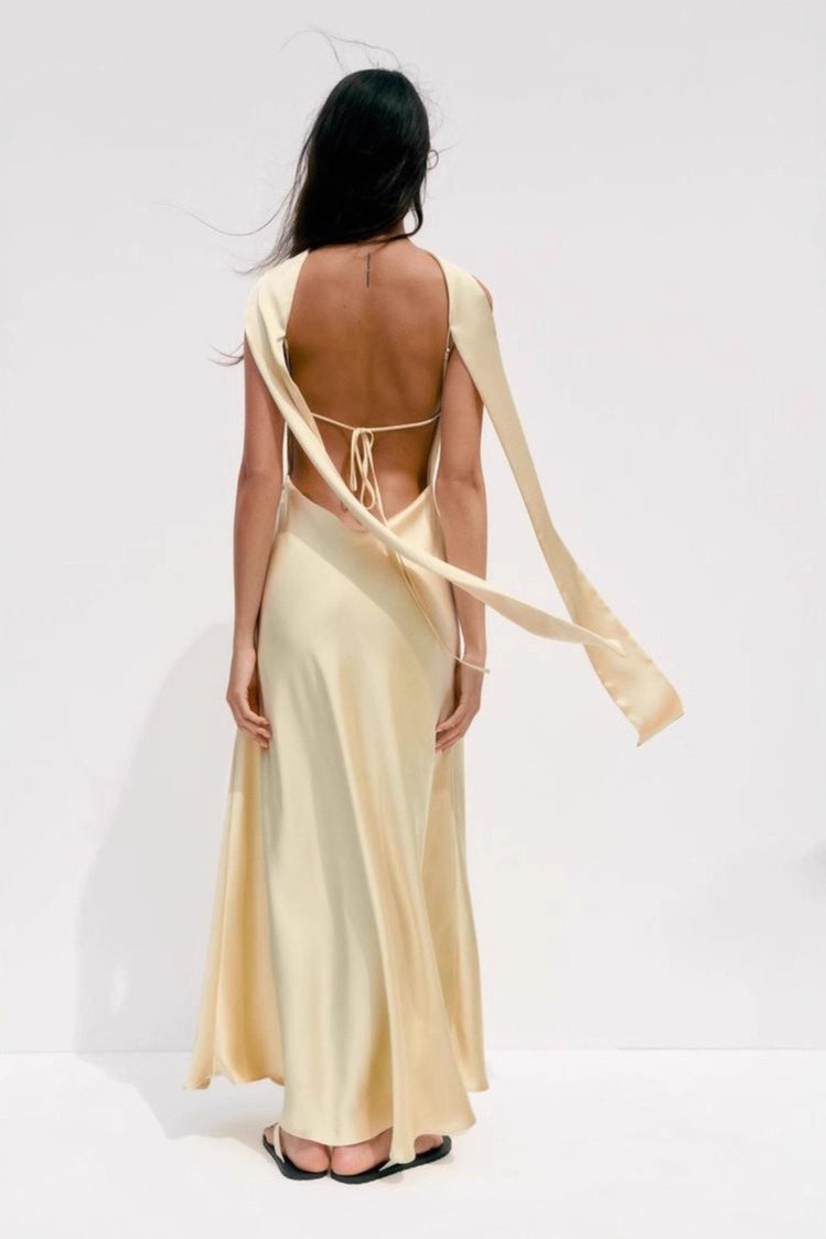 Satin V-Neck Spaghetti Strap Maxi Slip Dress with Neck Scarf 2