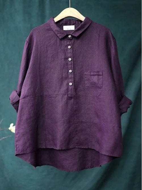 Collared Half Button Three Quarter Sleeve Linen Blouse