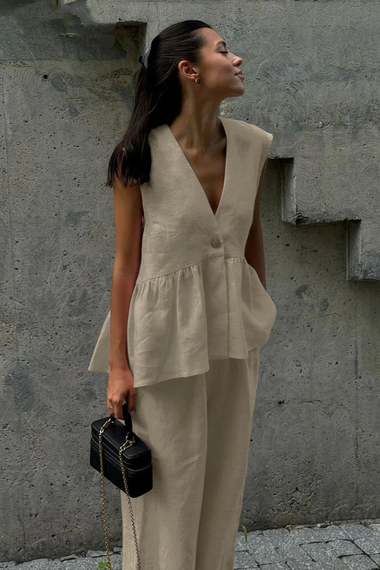 V-Neck Sleeveless Peplum Vest and Wide Leg Pants Two Piece Set 4