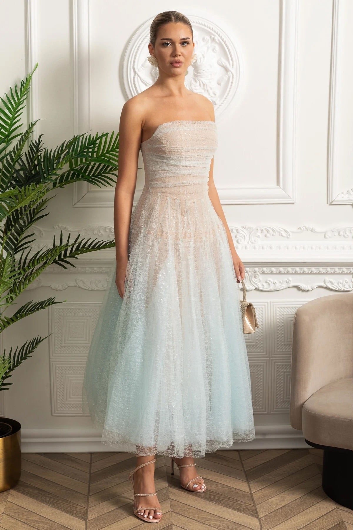 Strapless Ombre Lace Tulle A-Line Midi Dress 3