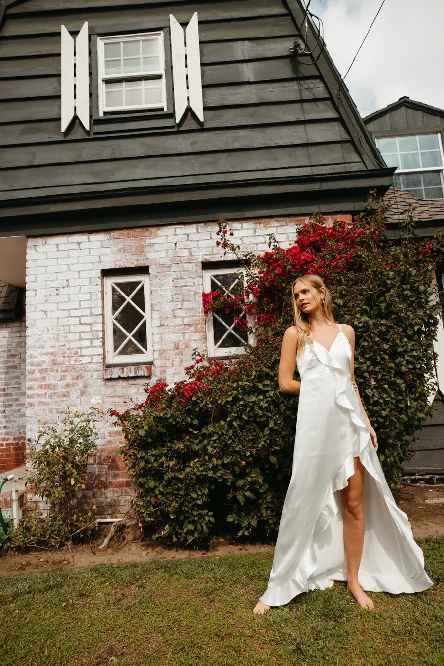 Satin Ruffle Trim V-Neck Cami High Low Maxi Dress 5