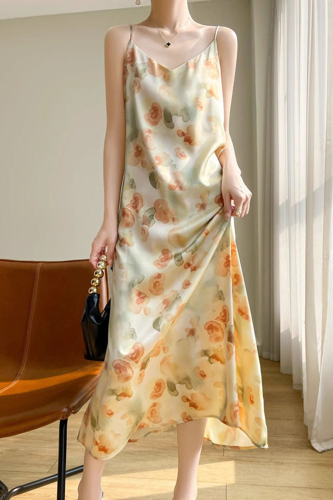 Floral Print Satin V-Neck Spaghetti Strap Slip Midi Dress