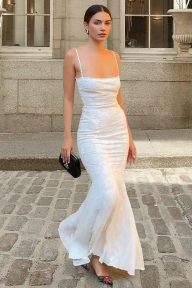 Spaghetti Strap Square Neck Lace Mermaid Maxi Dress
