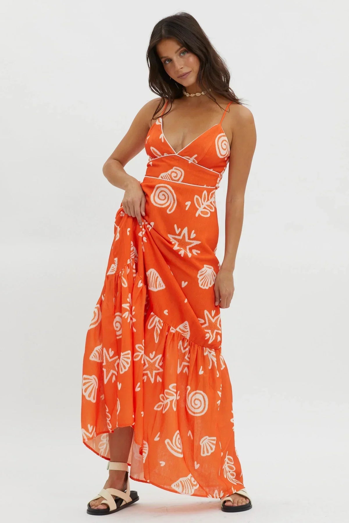 Shell Print V-Neck Contrast Piping Tiered Hem Maxi Dress 5