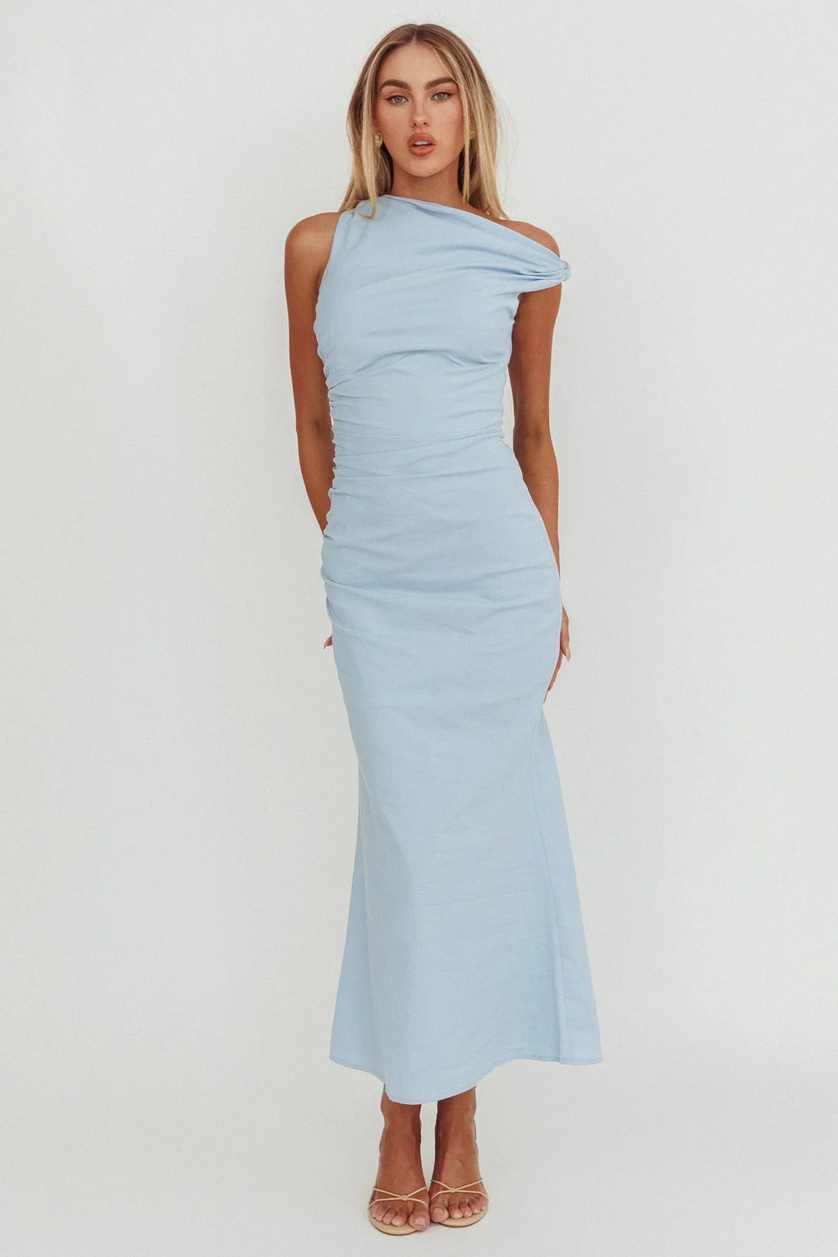 Asymmetric Neck Sleeveless Ruched Fitted Mermaid Midi Dress 6