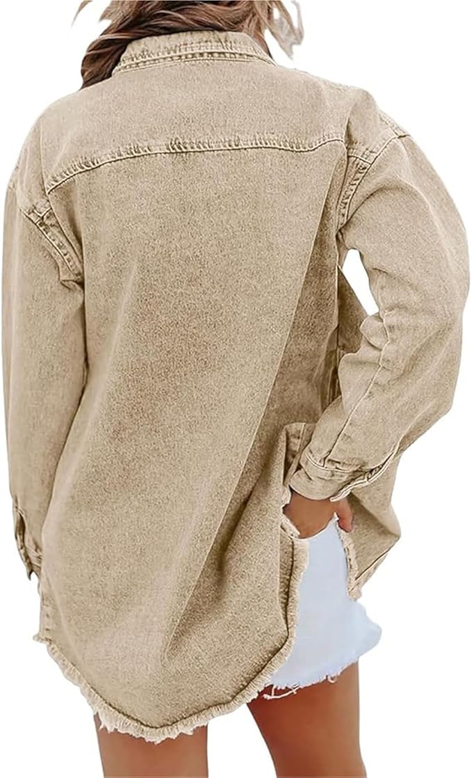 Frayed Hem Button Front Denim Shirt Jacket