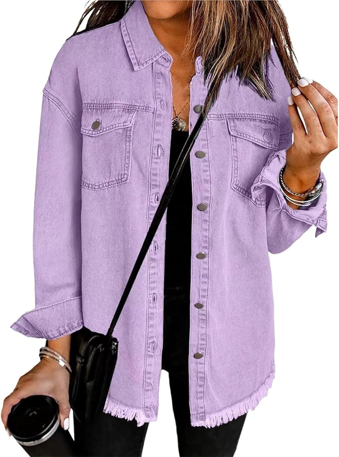 Frayed Hem Button Front Denim Shirt Jacket