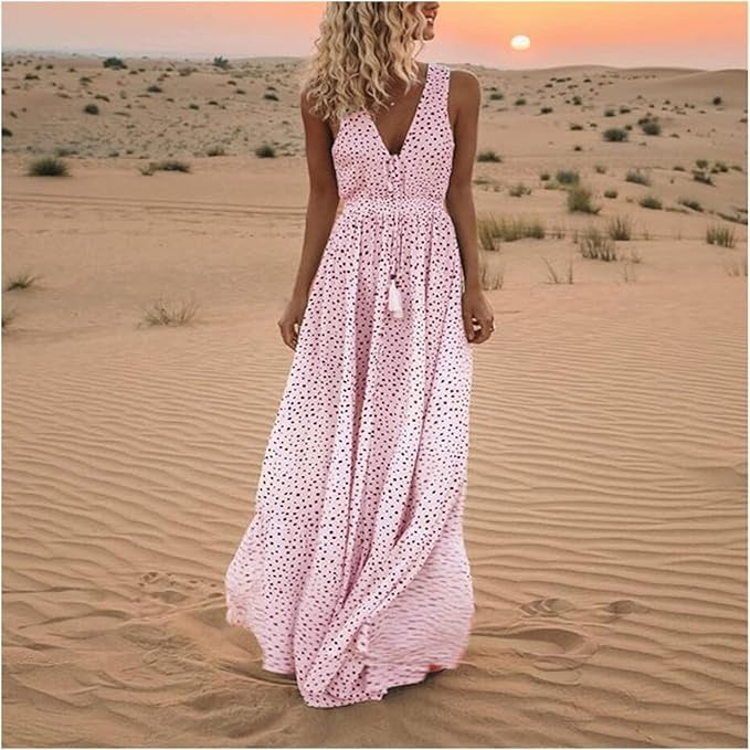 Ismena - Boho Polka Dot Maxi Dress Pink