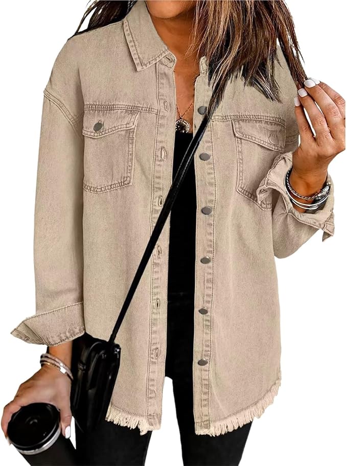 Frayed Hem Button Front Denim Shirt Jacket