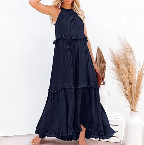 Halter Neck Sleeveless Tiered Ruffle Flowy Maxi Summer Dress