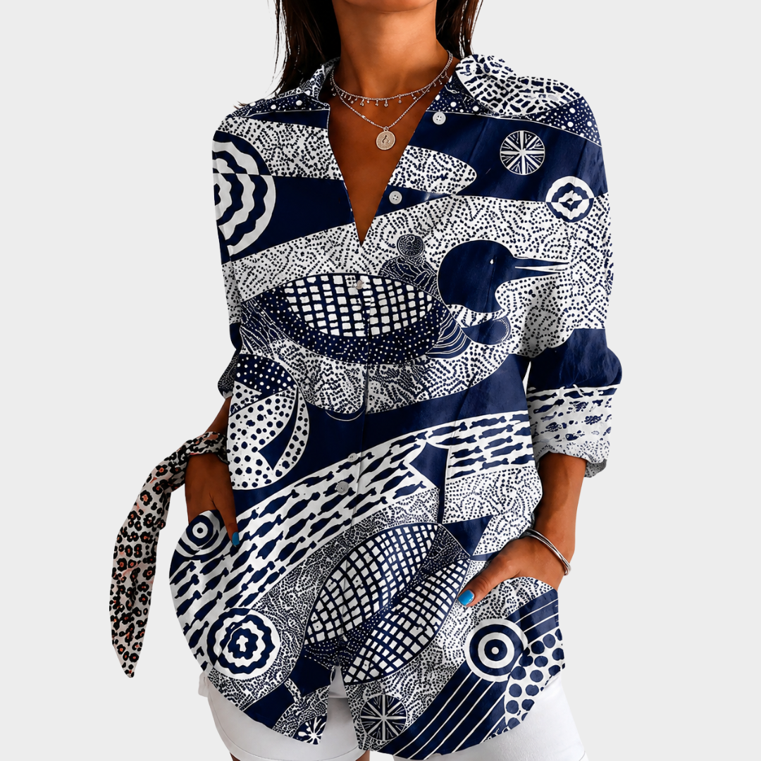 Abstract Print Collared Long Sleeve Tie Hem Blouse