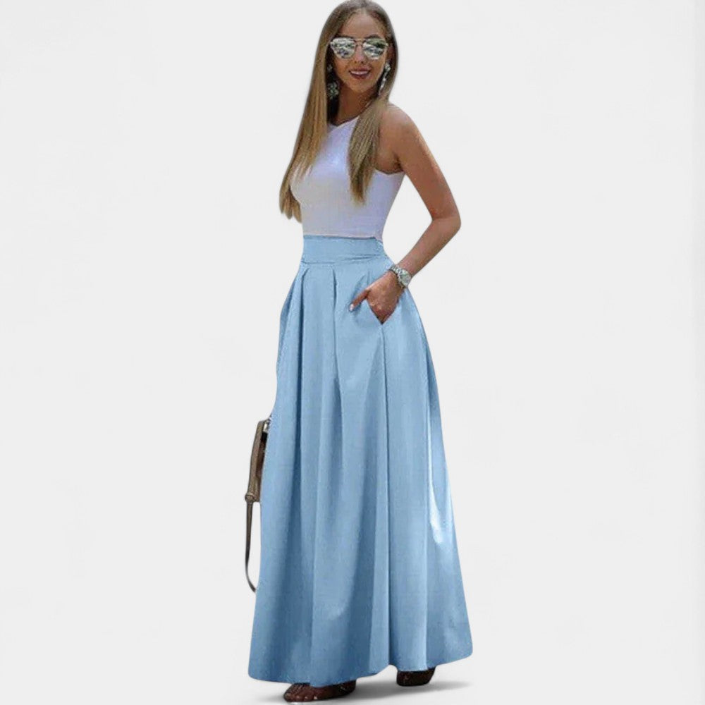 High Waist Pleated Pocket Flared Maxi Skirt
