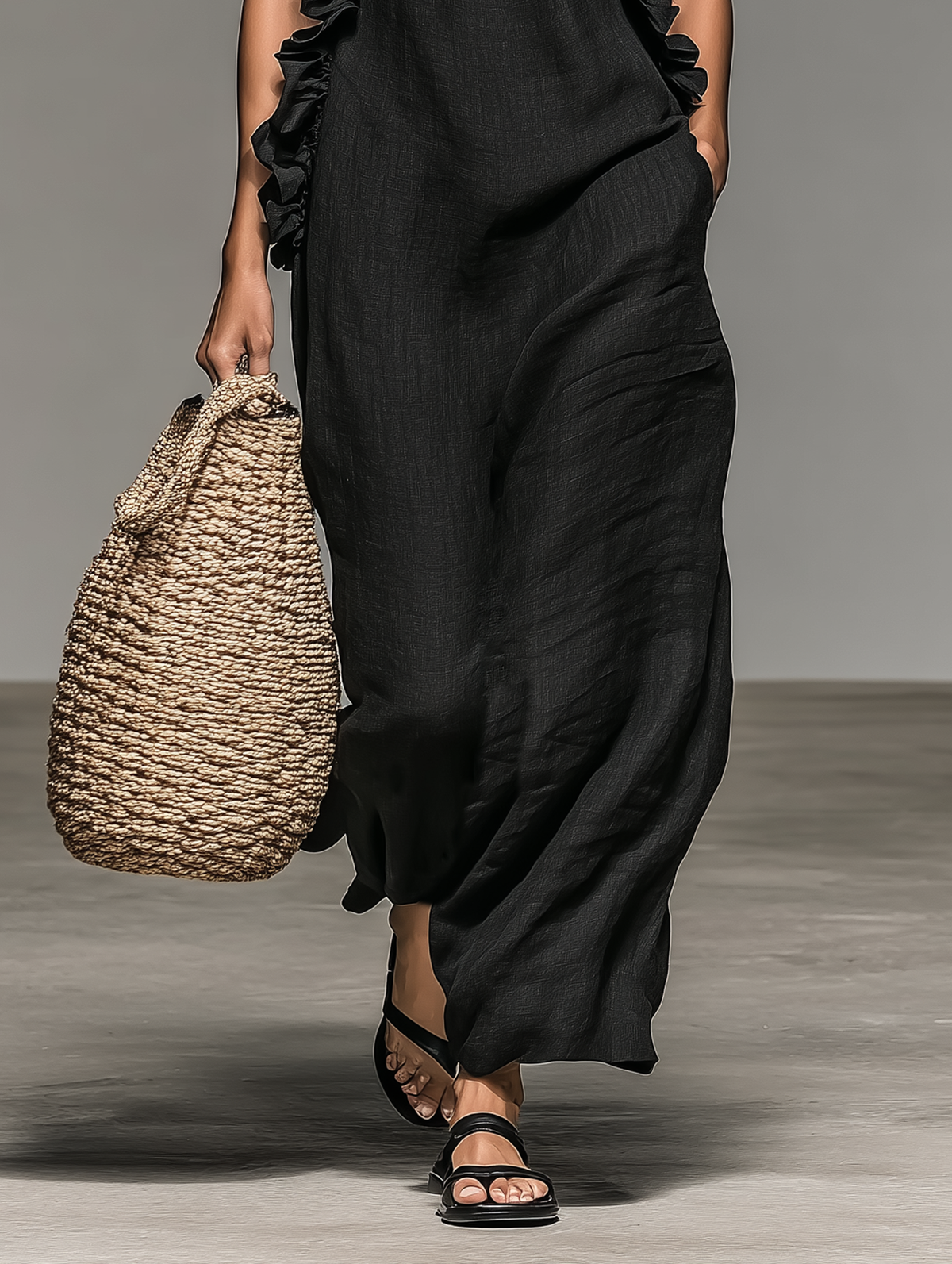 Halter Neck Ruffle Trim Sleeveless Maxi Dress