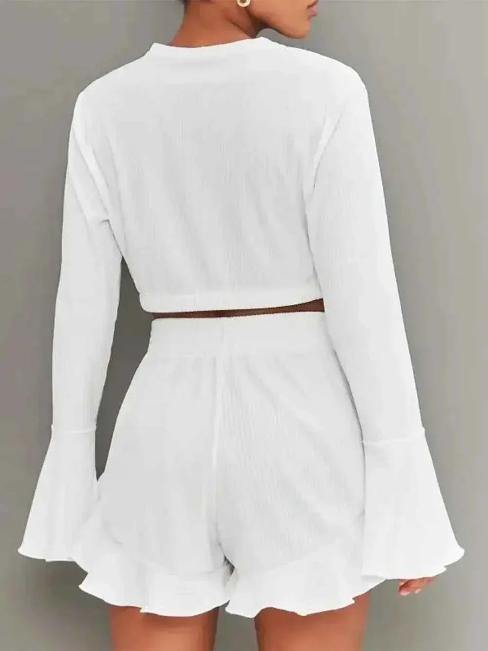 Ribbed Round Neck Bell Sleeve Crop Top and Ruffle Hem Shorts Two Piece Set 6