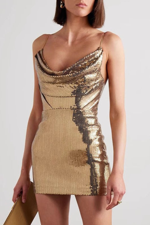 Gold V Neck Spaghetti Strap Mini Dress
