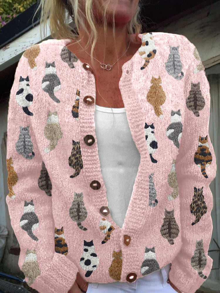 Cat Print Button Front Chunky Knit Cardigan