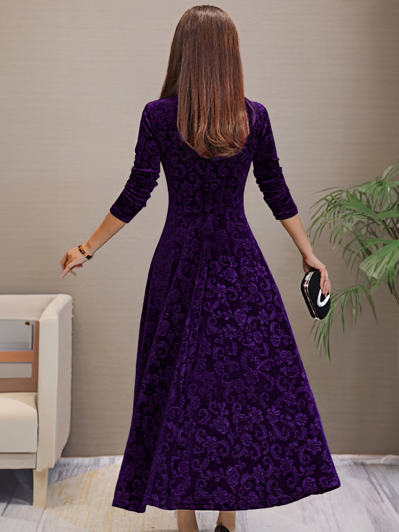 Floral Velvet V-Neck Long Sleeve Fit and Flare Midi Dress 11