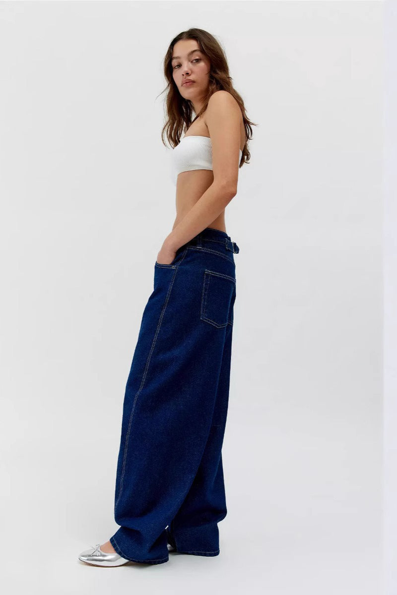 Low Rise Contrast Stitch Baggy Wide Leg Denim Jeans