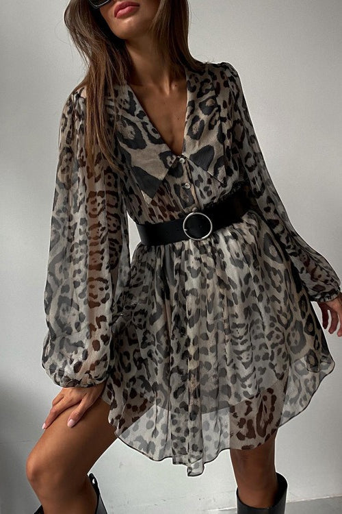 Leopard Print Sheer Chiffon Collared V-Neck Balloon Sleeve Belted Mini Dress