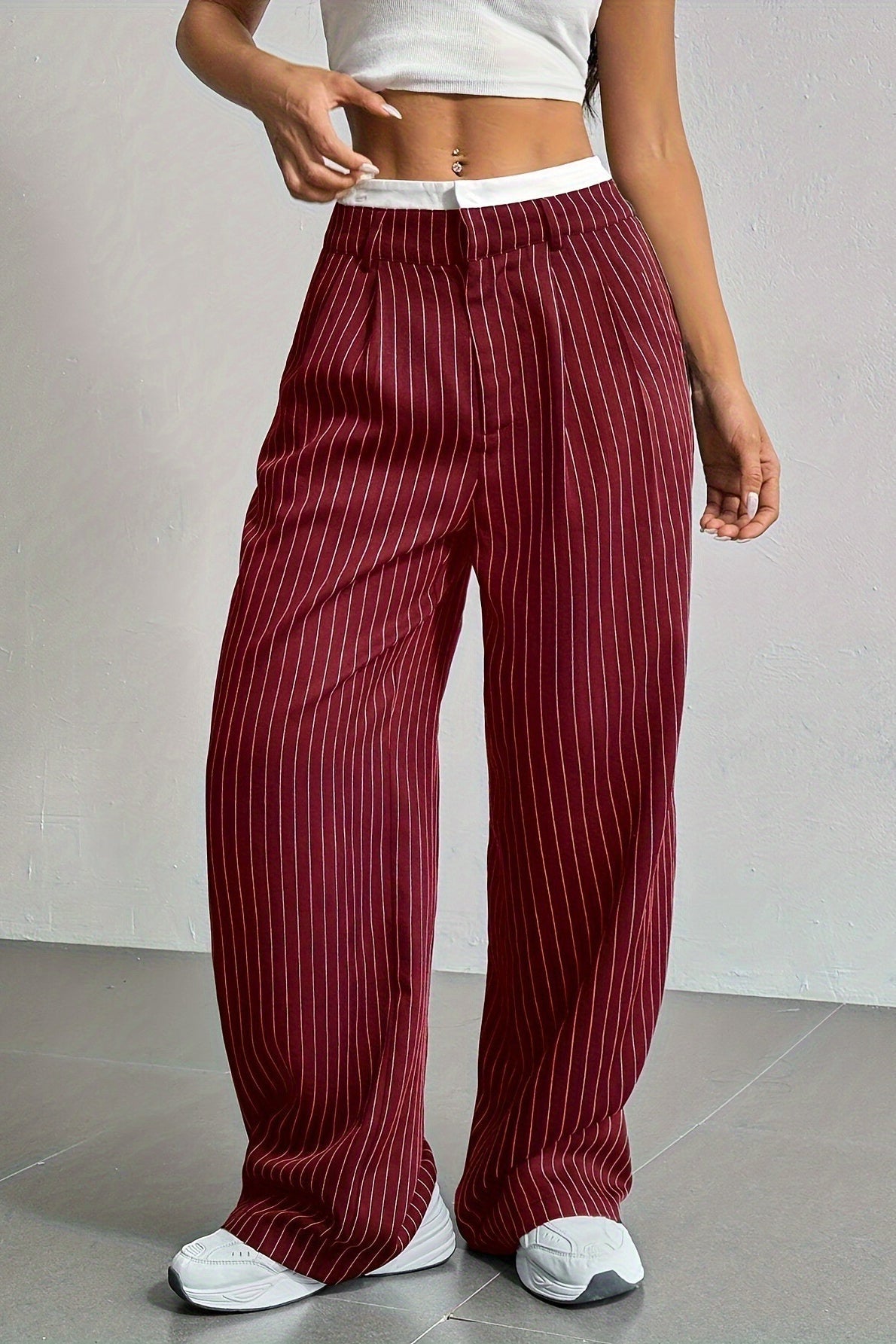 Pinstripe Contrast Waistband Pleated Wide Leg Trousers