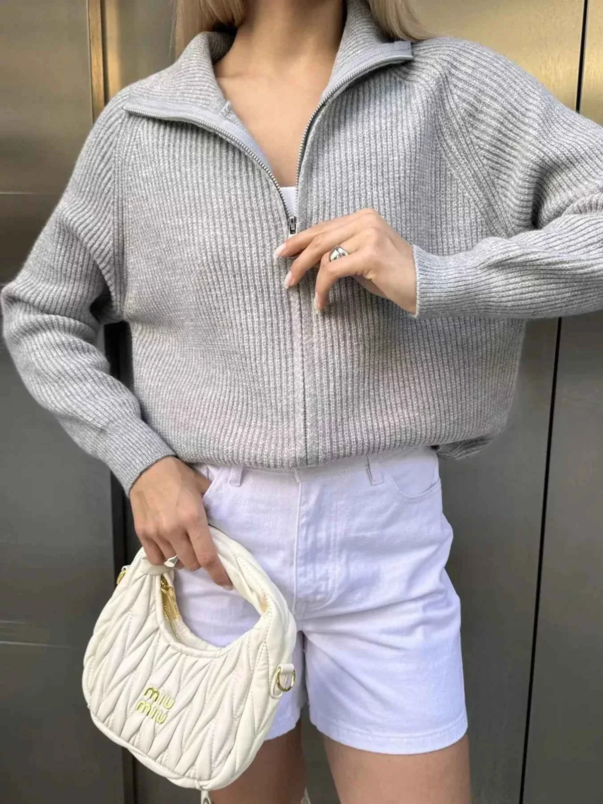 High Neck Zip Front Ribbed Knit Oversized Cardigan 5