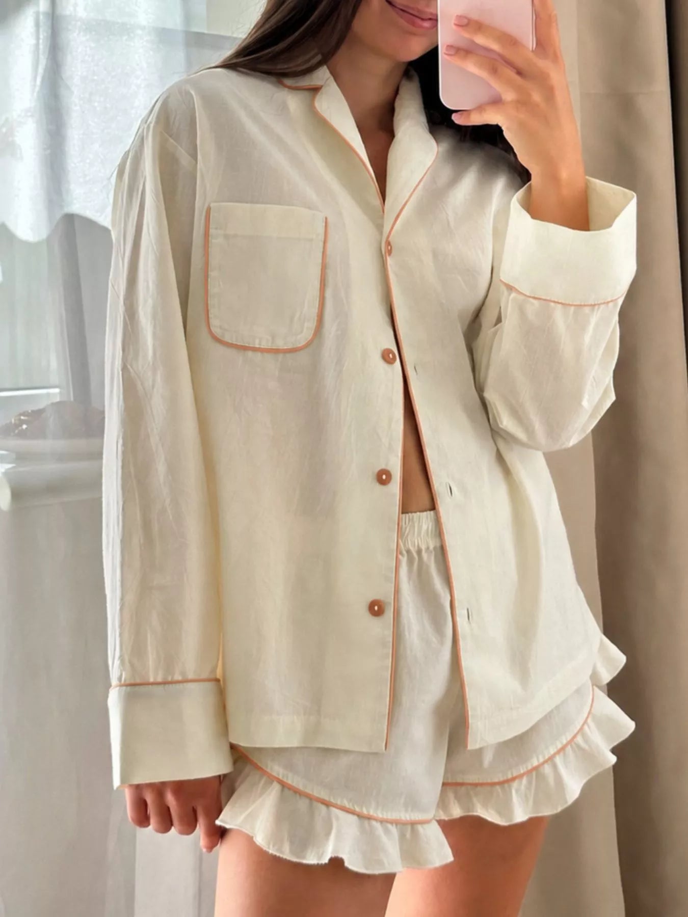 Contrast Trim Long Sleeve Top and Shorts Lounge Set