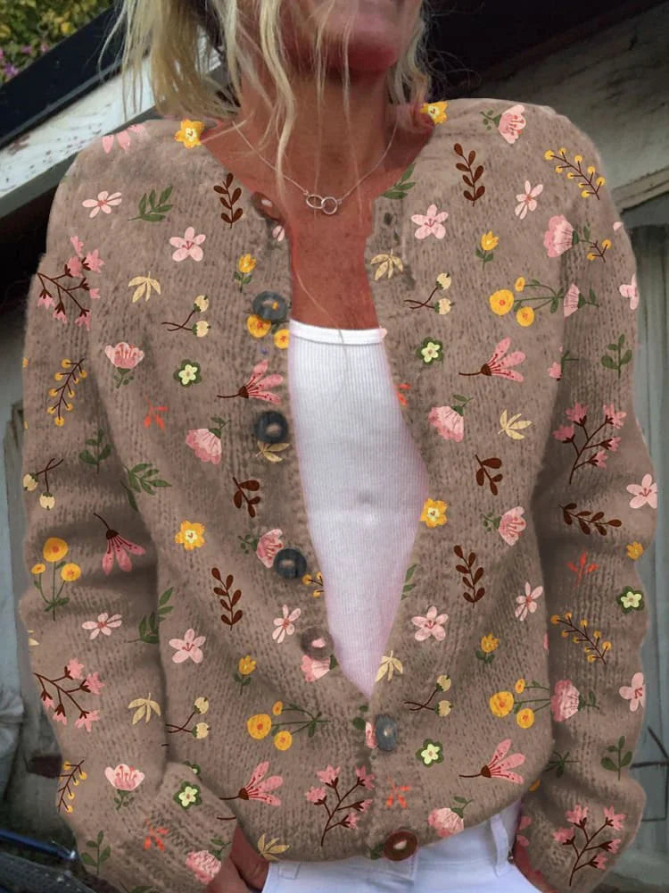 Round Neck Floral Print Button Front Knit Cardigan