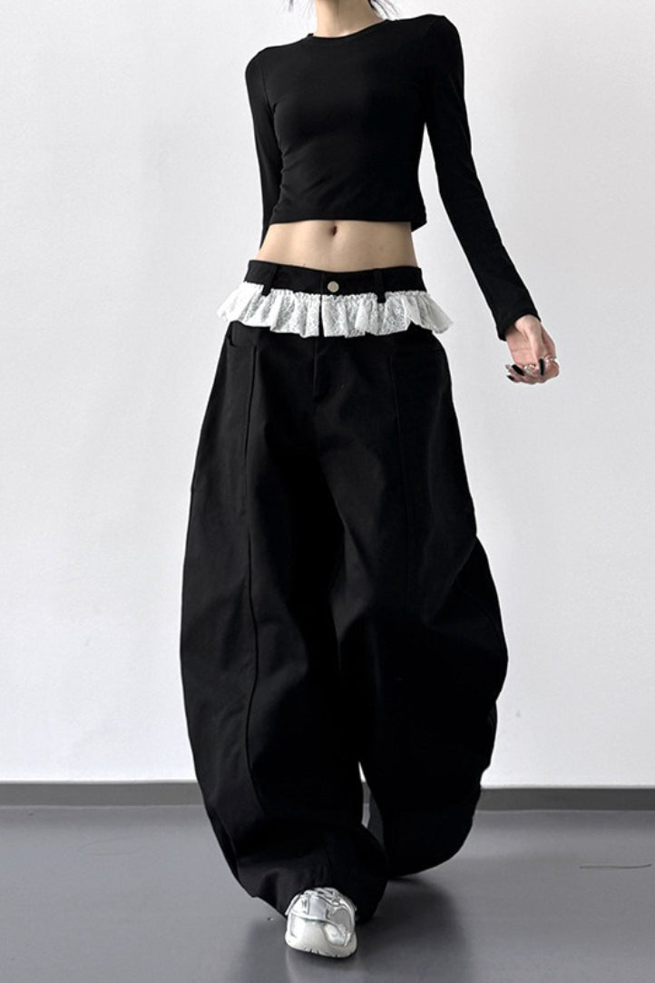 High Waist Lace Paneled Straight Wide Leg Floor Length Jeans