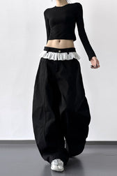 High Waist Lace Paneled Straight Wide Leg Floor Length Jeans